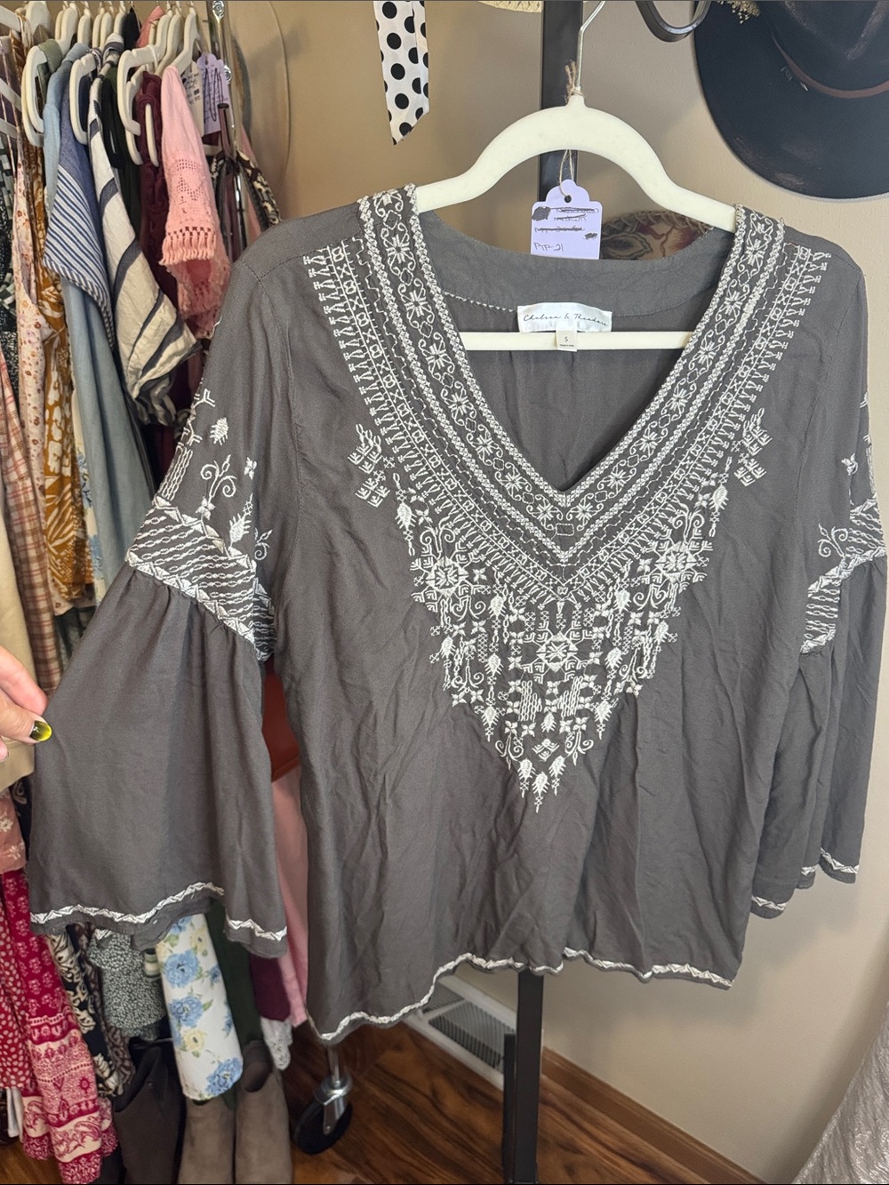 Chelsea & Theodore Gray Embroidered V-Neck Bell Sleeve Tunic
